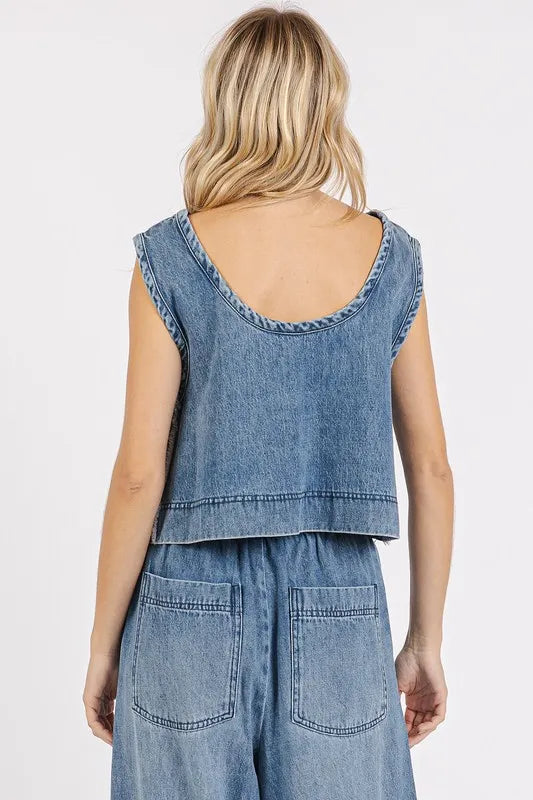 Mittoshop Washed Denim Distressed Detail Crop Tank