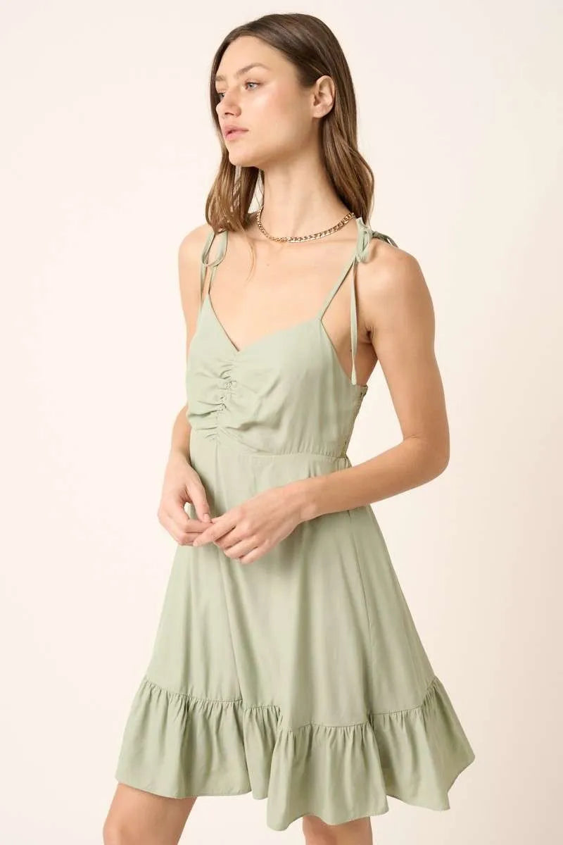 Mittoshop Ruched Detail Spaghetti Tie Mini Dress