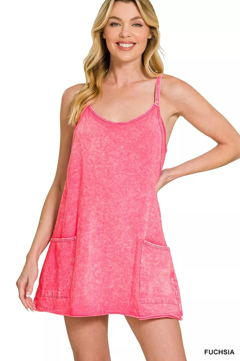 Zenana Acid Washed Mini Dress With Built-in Romper Liner
