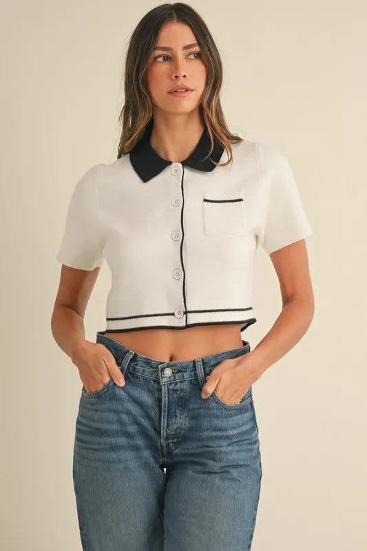 MABLE Button Down Contrast Collared Knit Cardigan