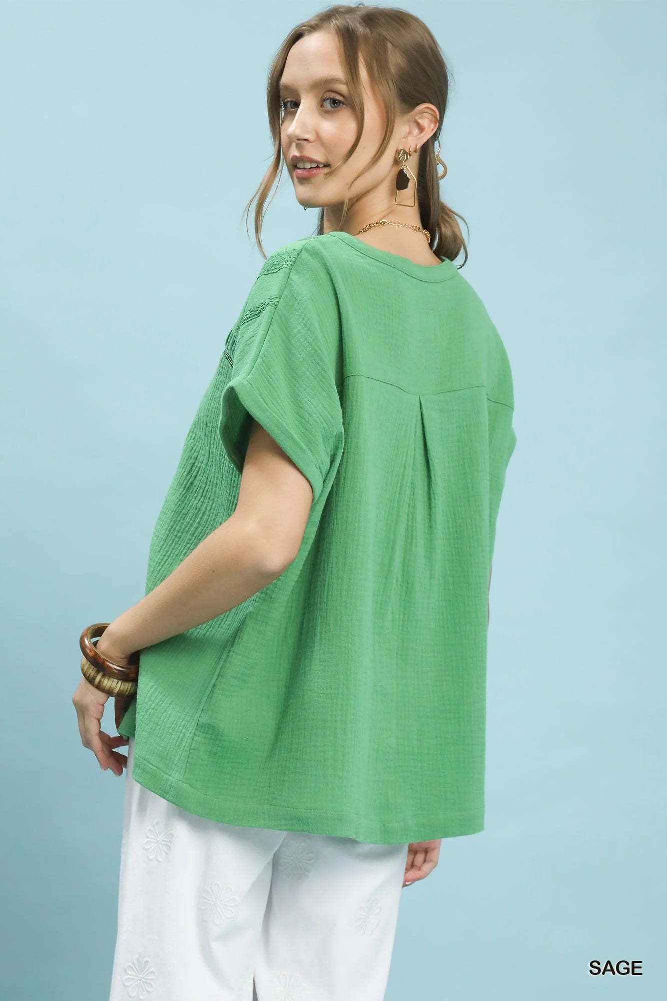 Umgee Textured Gauze Split-Neck Boho Blouse