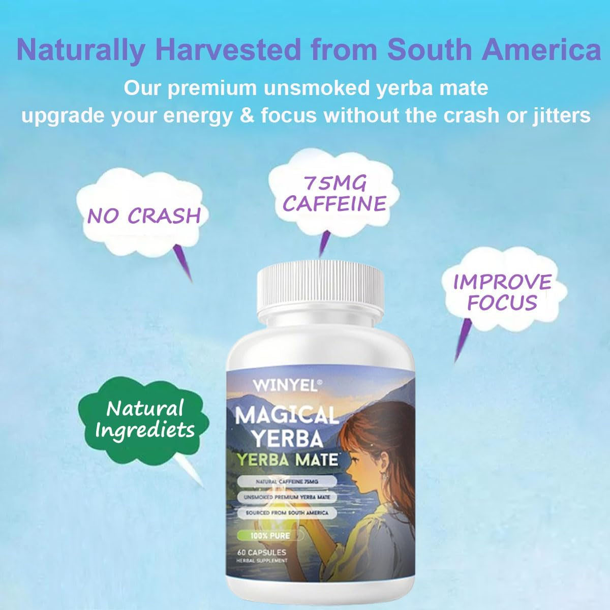 Yerba Mate Capsules  75mg Natural Caffeine Per Capsule  Natural Plant-Based Energy & Focus Support  Supports Mental Clarity & Digestive Wellness Gut Health  60 Capsules