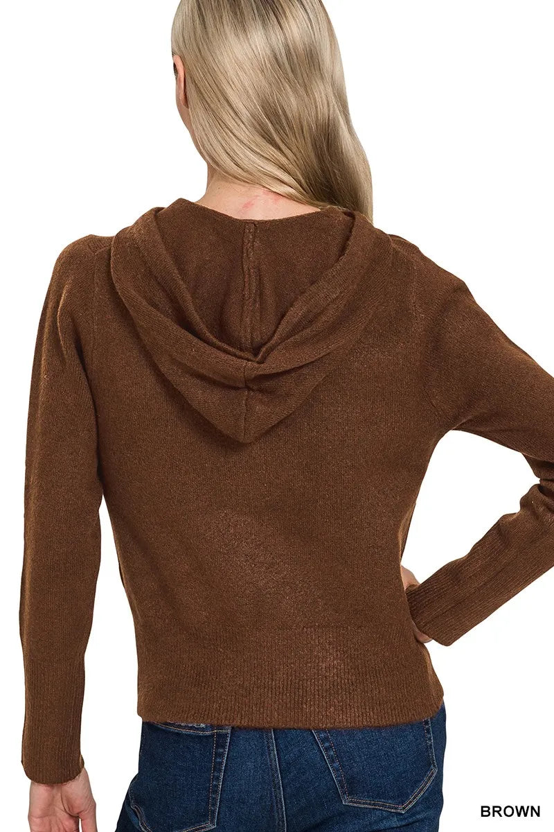 Zenana Drawstring Zip Up Hooded Cardigan