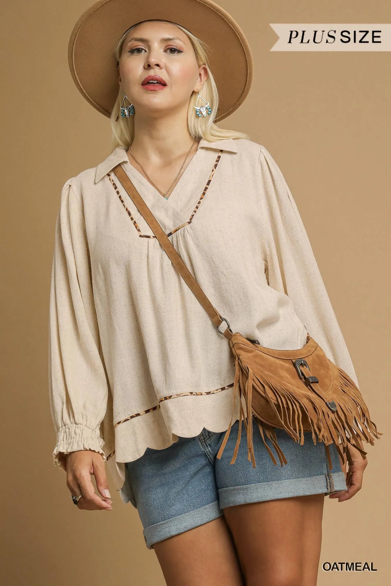 Umgee Full Size Linen Scallop Hem Blouse with Contrast Trim Plus Size