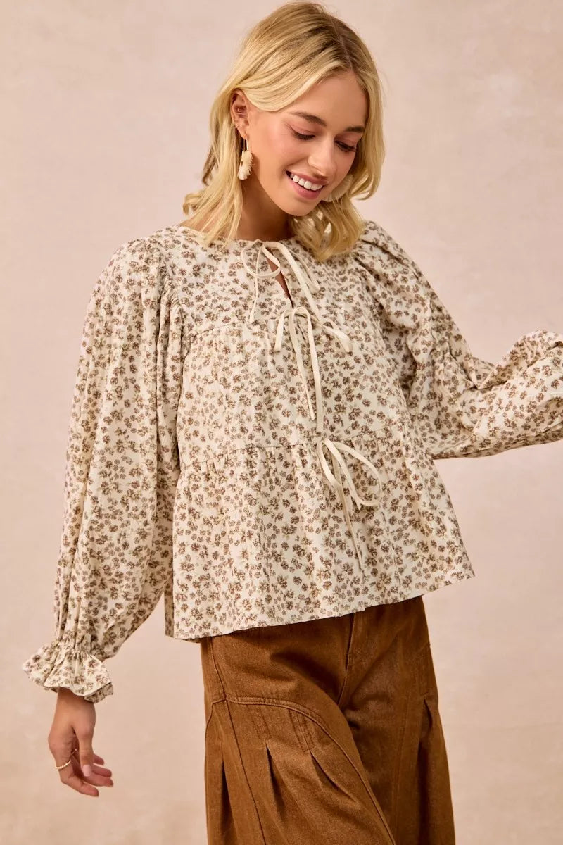 BiBi Floral Printed Peplum Blouse with Shirring and Tied
