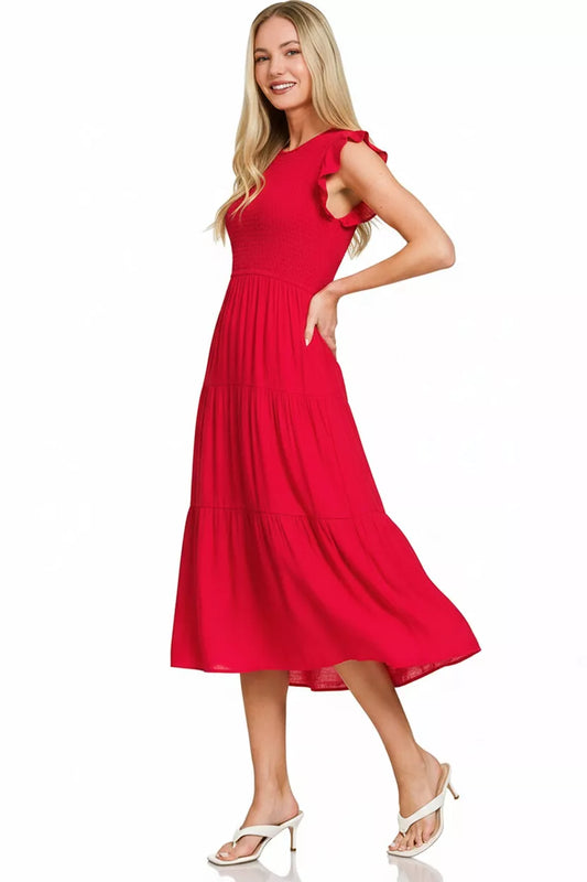 Zenana Woven Smocked Ruffle Sleeve Midi Dress
