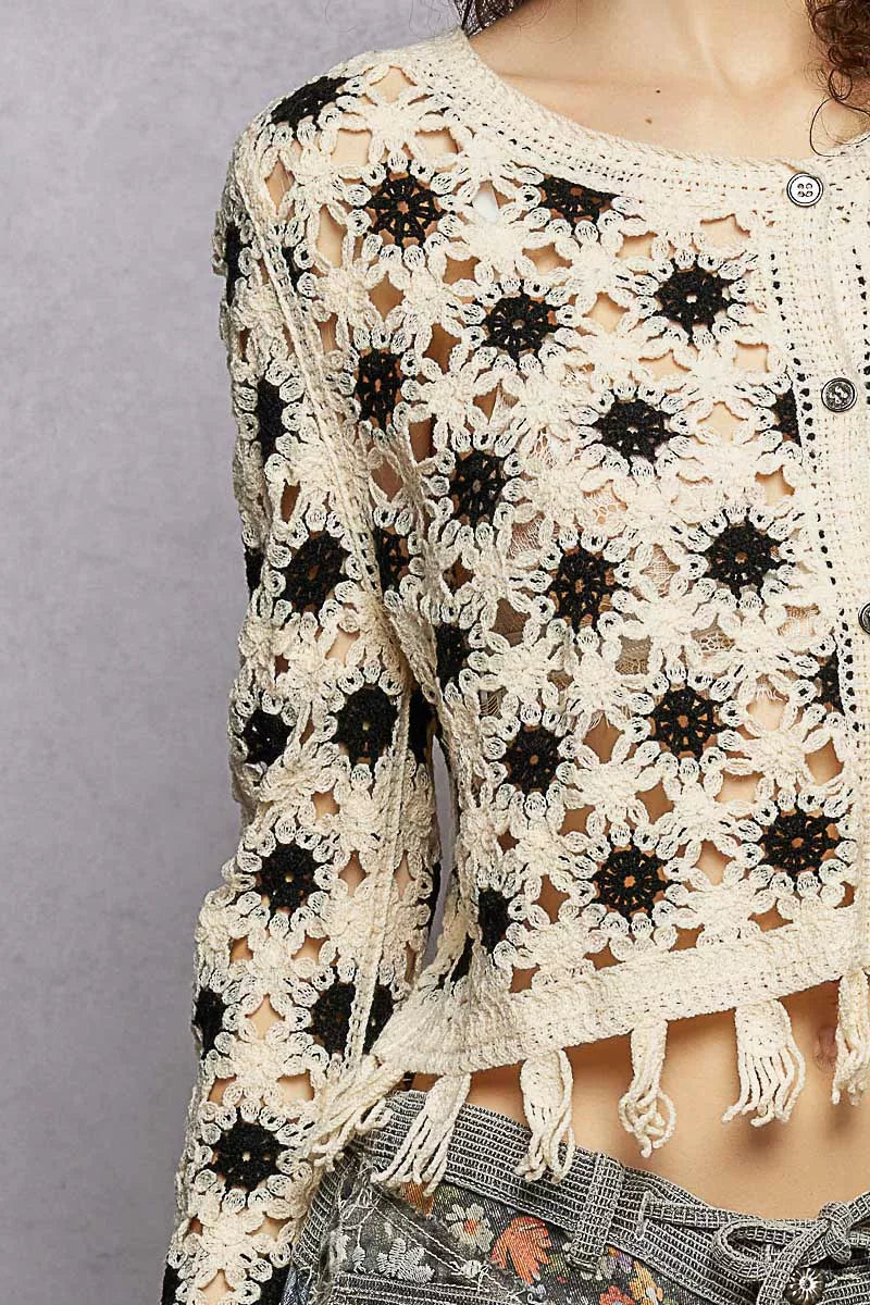 POL Openwork Floral Crochet Cardigan with Tassel Hem