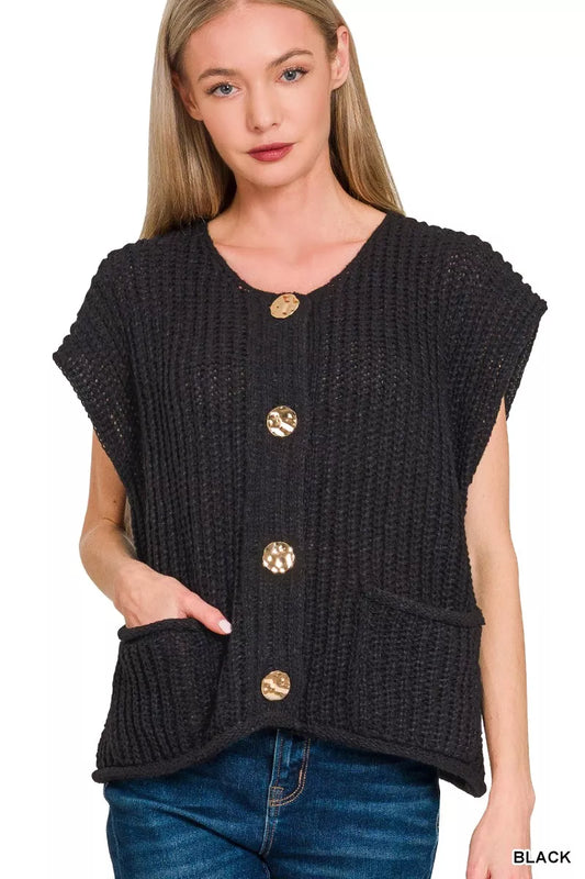 Zenana Button Down Sweater Vest with Front Pockets