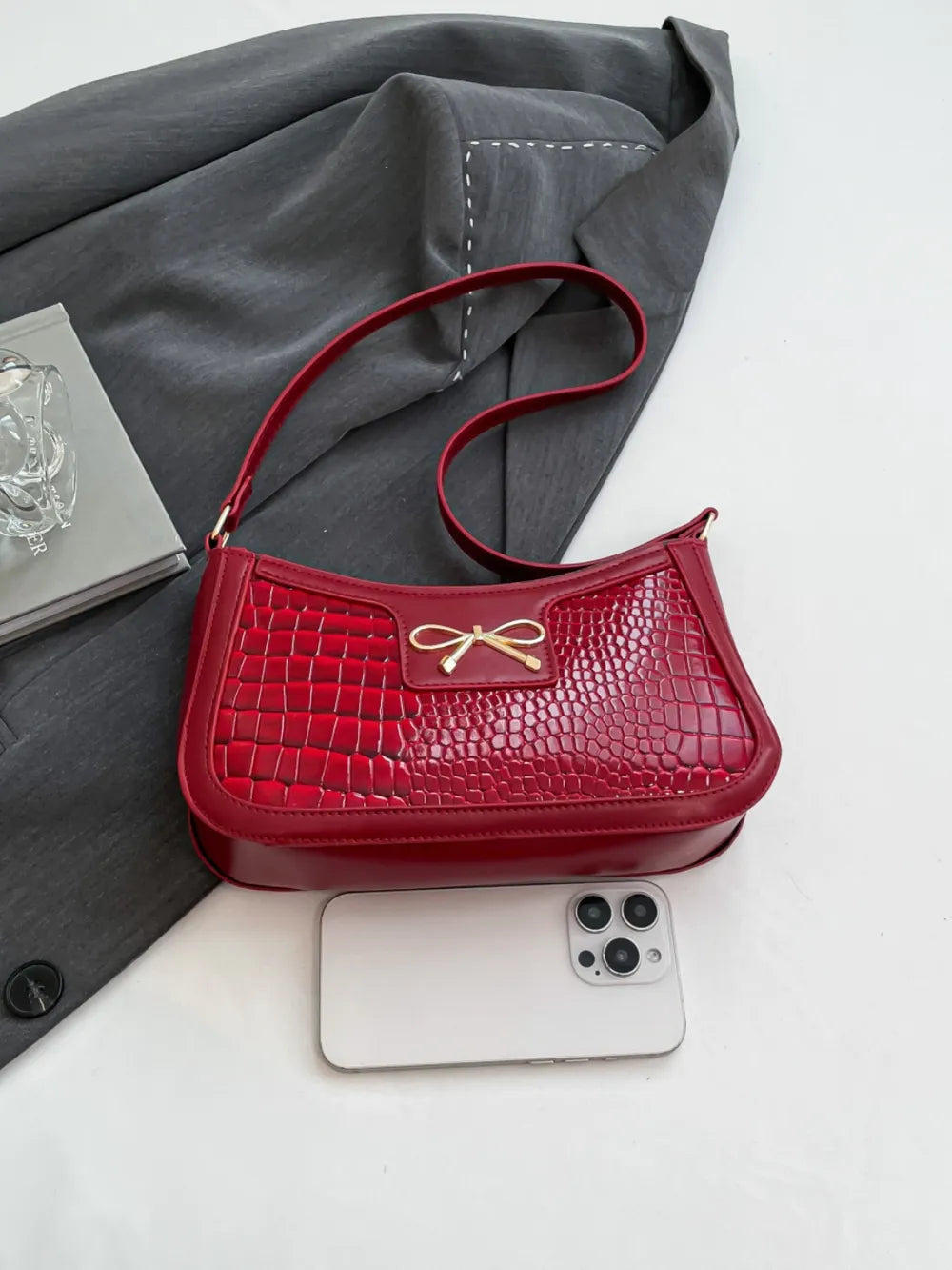 Crocodile Pattern Shoulder Bag with Bow Detail