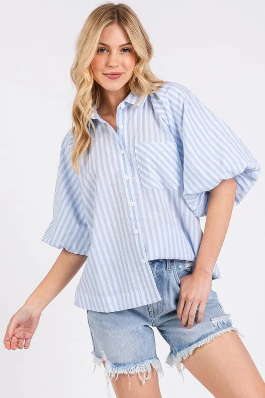Mittoshop Button Down Striped Puff Sleeve Shirt