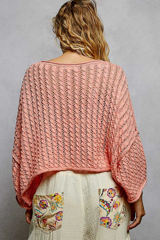 POL Cable-Knit Openwork Round Neck Cropped Sweater