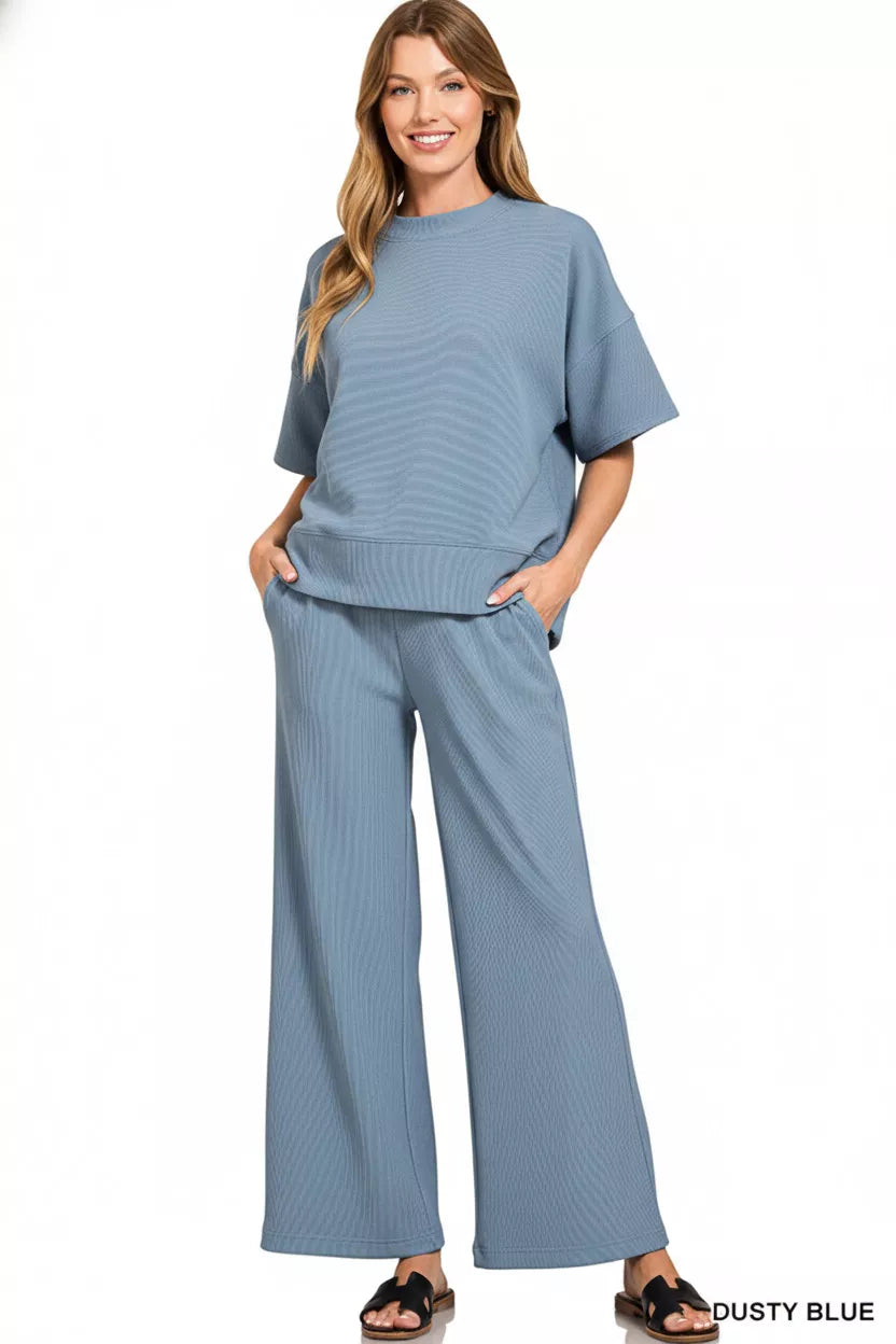 Zenana Ribbed Round Neck Tee & Pants Set