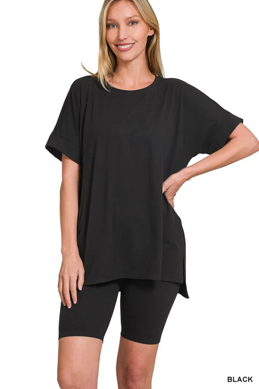 Zenana Brushed Dty Microfiber Round Neck Top and Biker Shorts Set