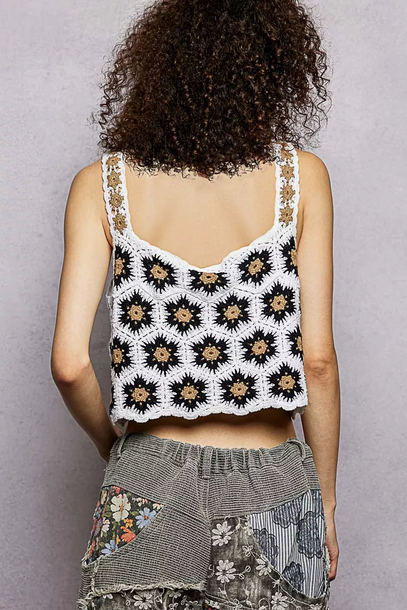 POL Handmade Crochet Floral Square Neck Cropped Cami