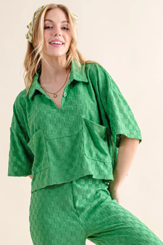 And The Why Brushed Texture Checker Board Pattern Casual Top