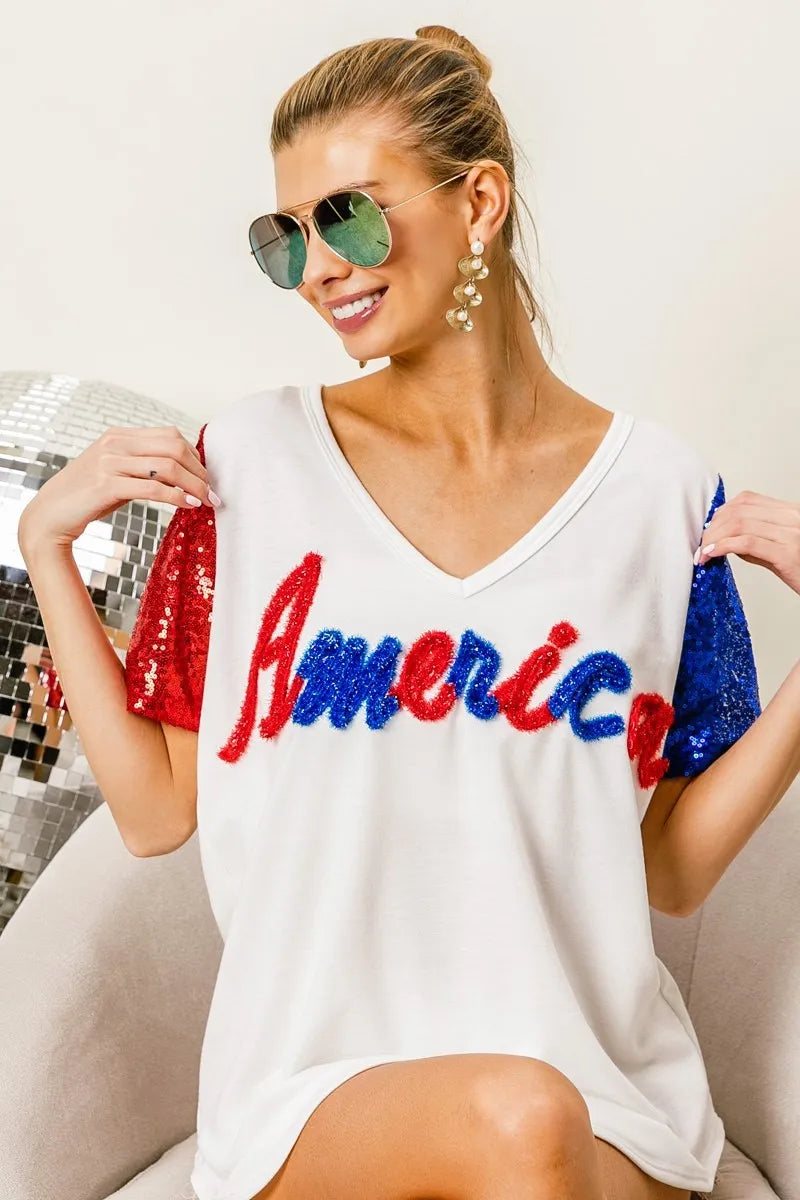 BiBi Metallic Letter V-neck Sequin Sleeves Top