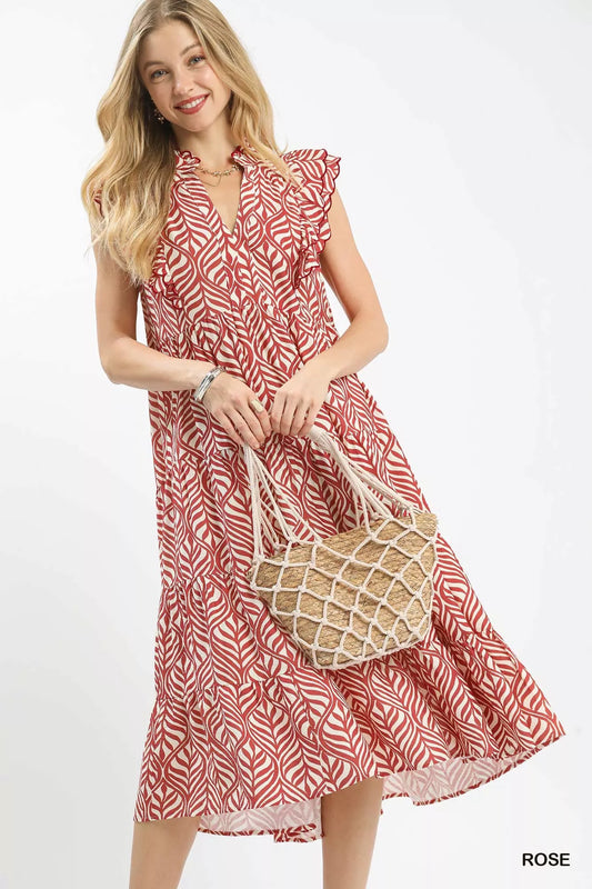Umgee Leaf Print Tiered Midi Dress with Ruffle Detail