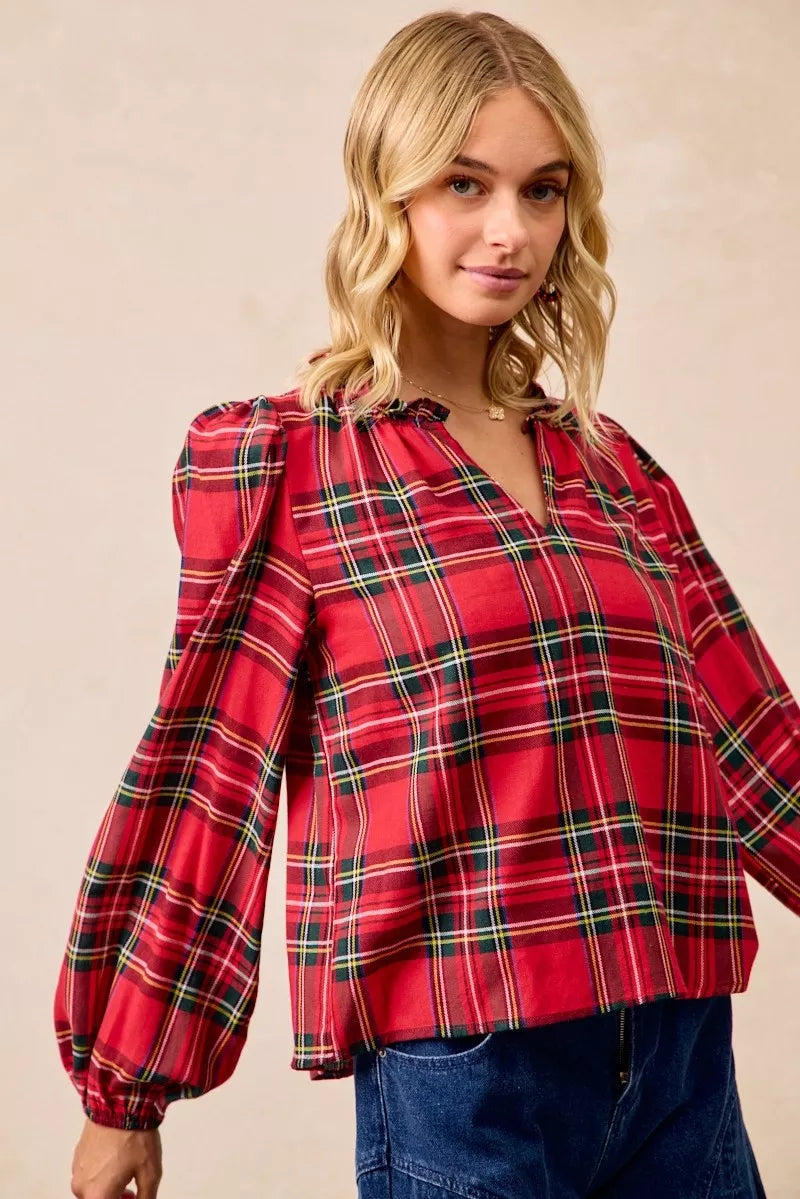 BiBi Christmas Plaid Balloon Sleeves Ruffled V-Neck Top