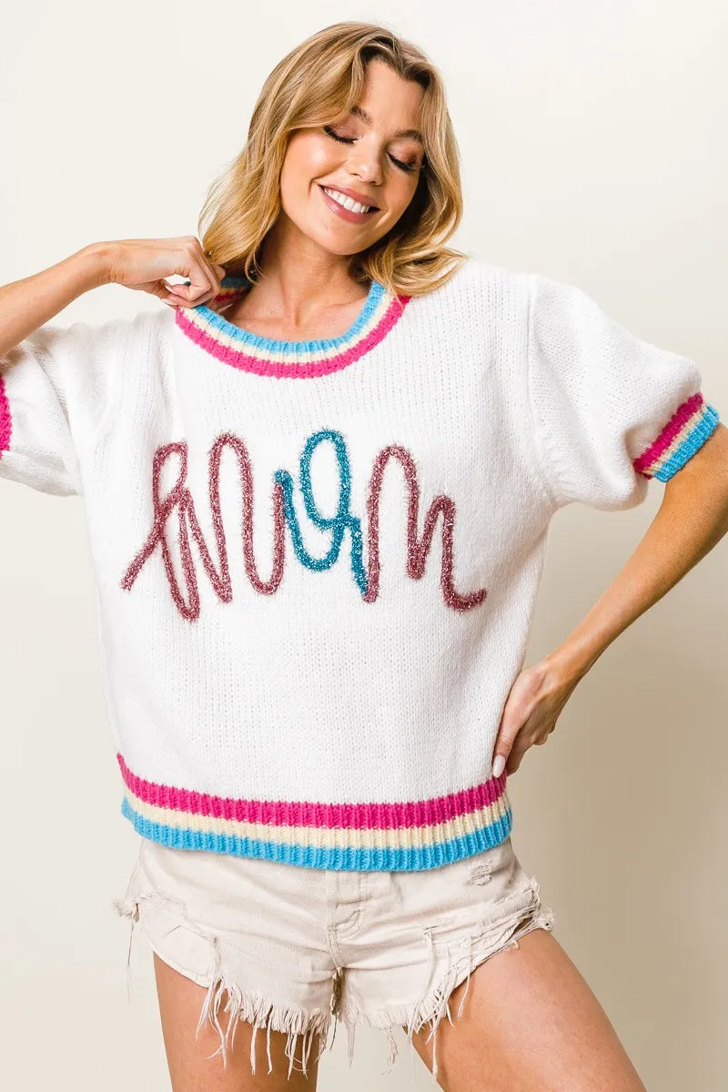 BiBi Metallic Letter Short Puff Sleeve Sweater