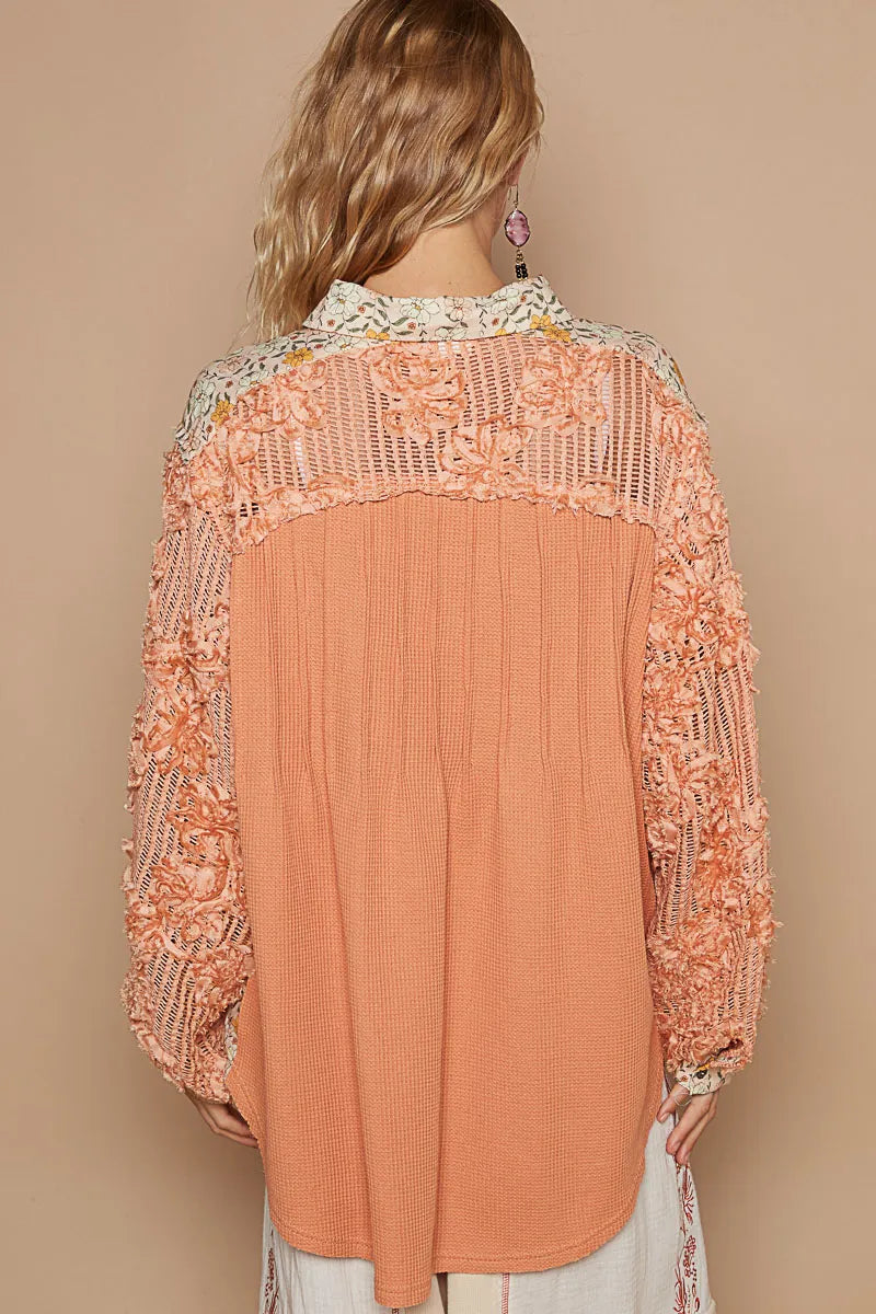 POL Floral Half Button Lace Detail Long Sleeve Top
