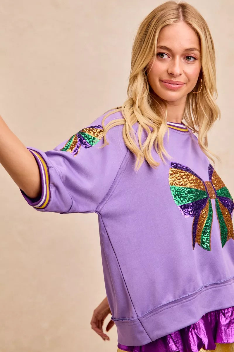 BiBi Mardi Gras Theme Ribbon Sequin Patched Top