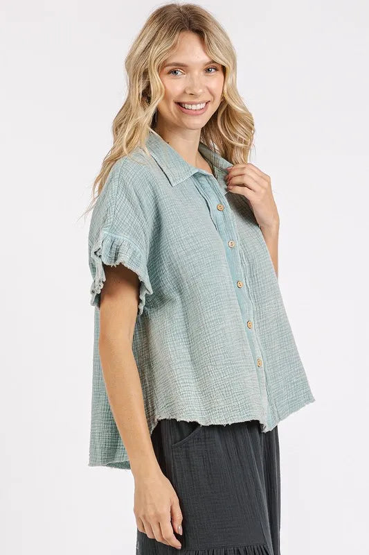 Mittoshop Mineral Washed Button Down Flounce Sleeve Shirt