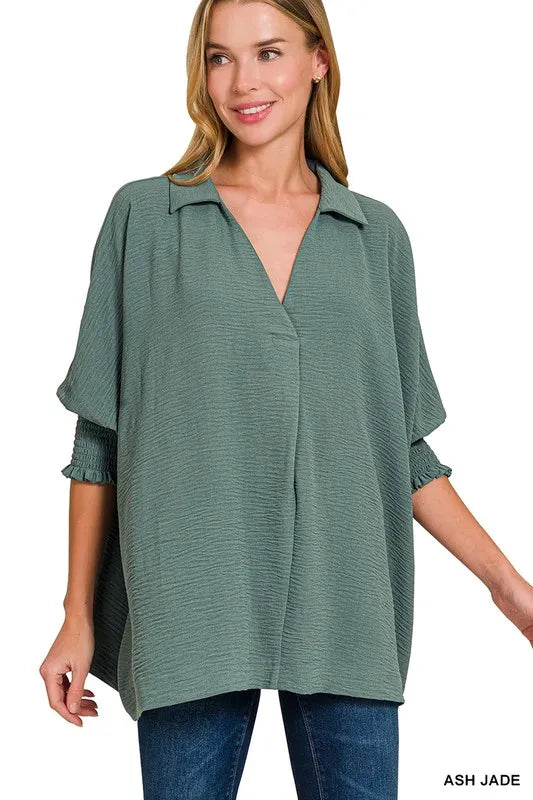 Zenana Airflow Collar Tee with Smocked Sleeve Band Top