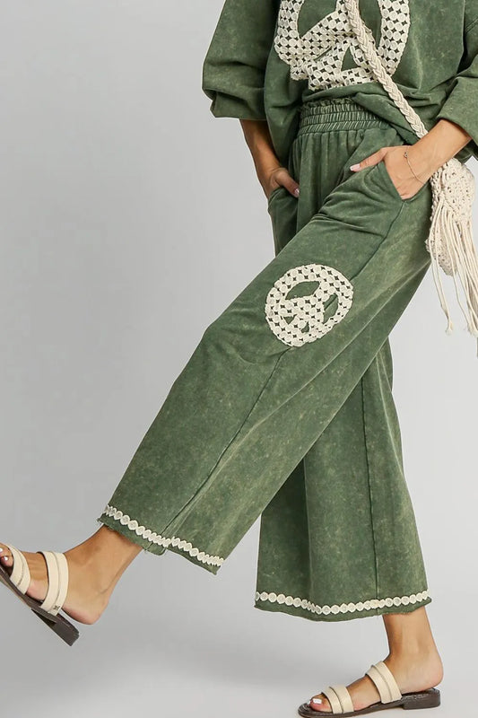 Umgee Full Size Peace Lace Applique Mineral Wash Wide Leg Pants Plus Size