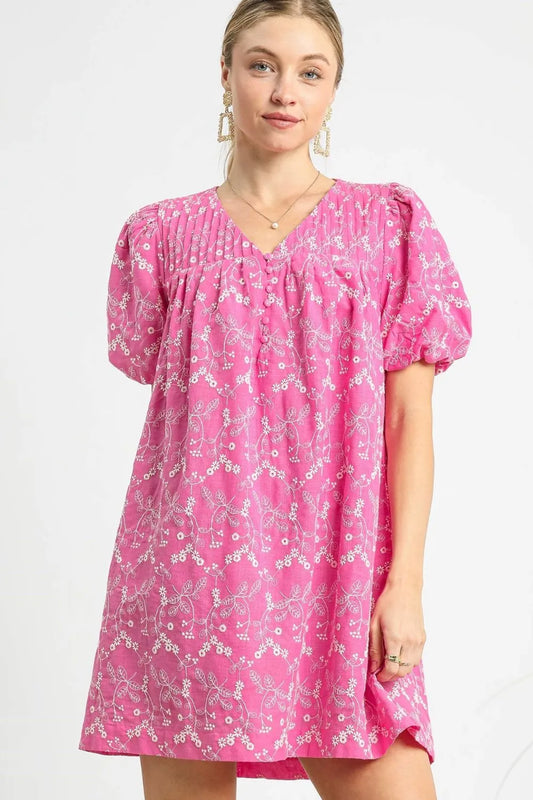 Umgee Floral Puff Sleeve V-Neck Mini Dress