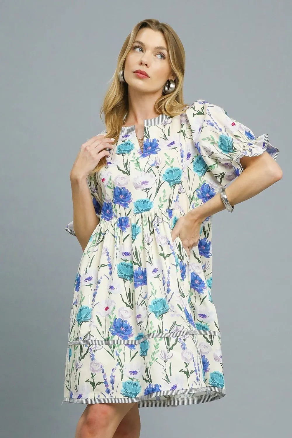 Umgee BabyDoll Floral Striped Hem Mini Dress