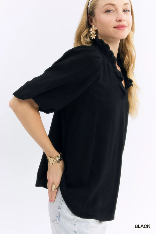 Umgee Linen Scallop Trim V-Neck Blouse