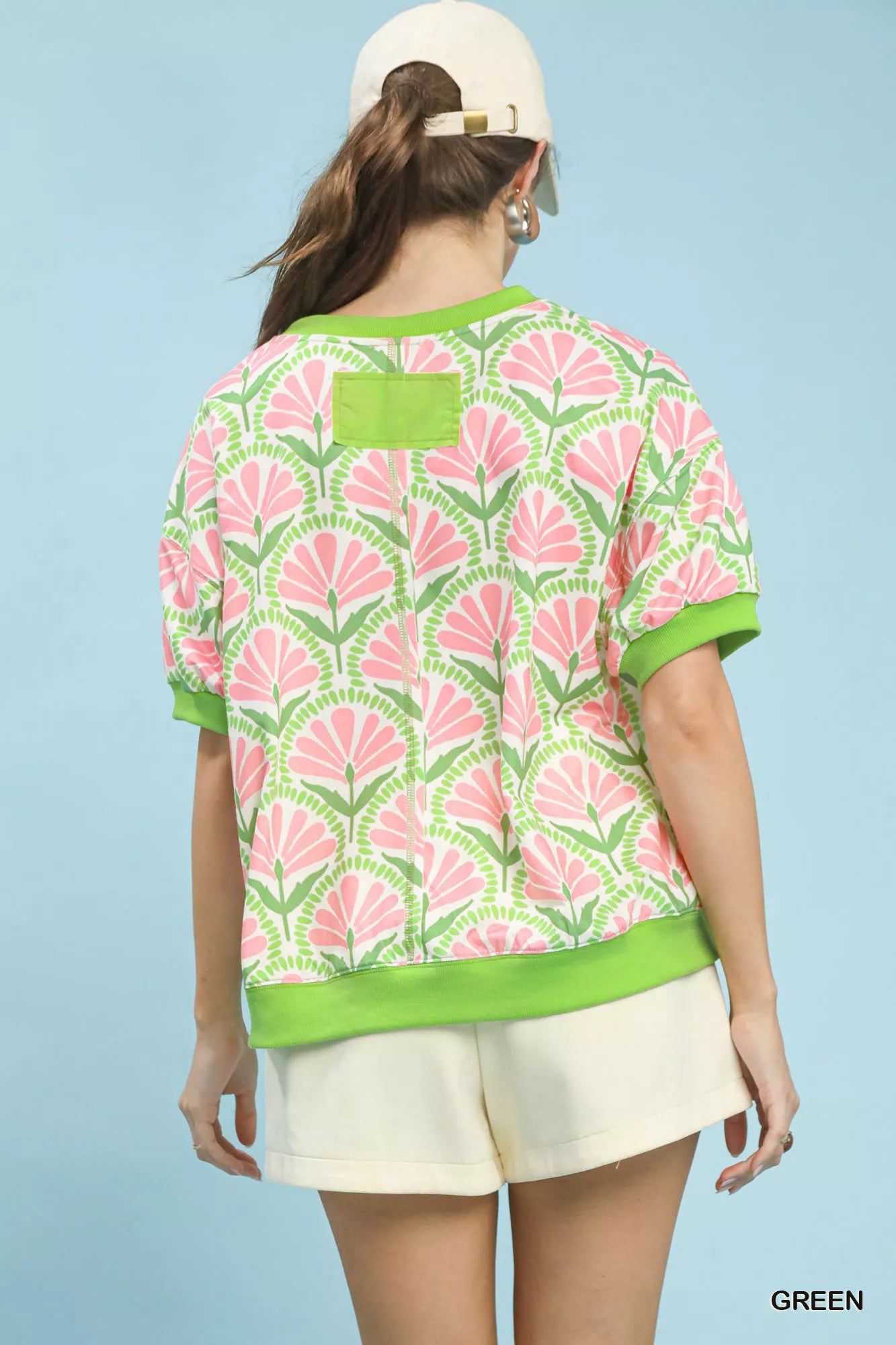 Umgee Floral Print Short Sleeve French Terry Top