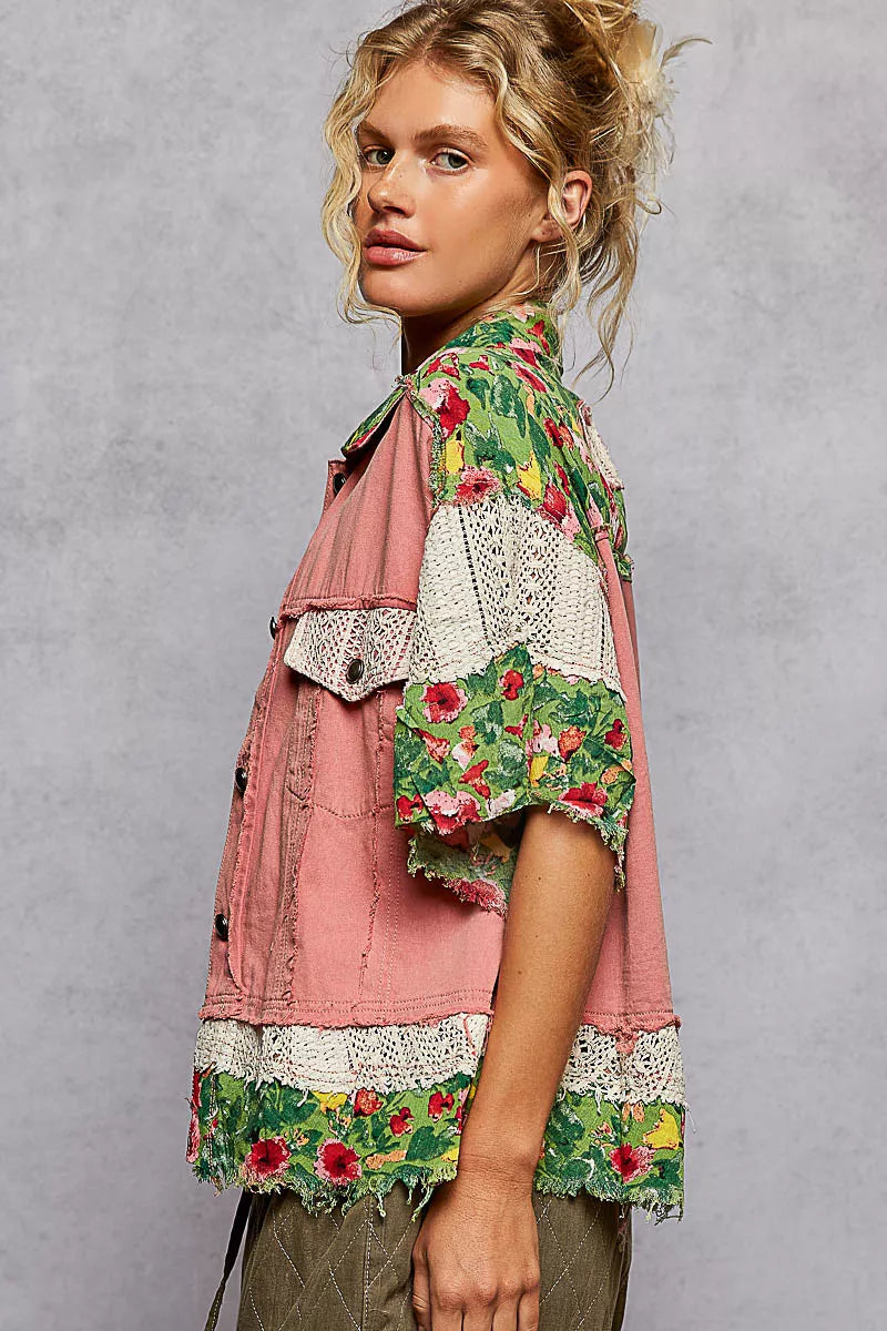 POL Lace Patch Floral Half Sleeve Shacket