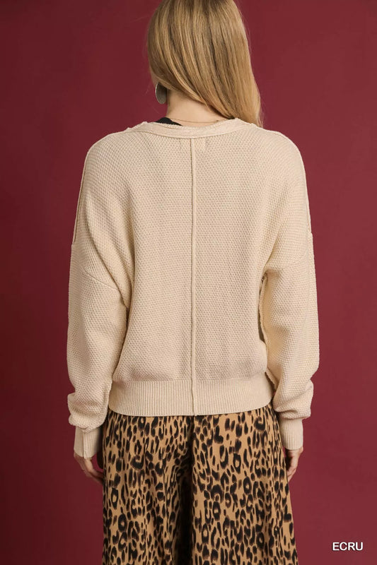 Umgee Chunky Cable Knit V-Neck Button-Up Cardigan