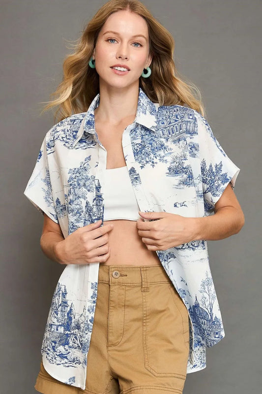 Umgee Full Size Two Tone Print Button Up Short Sleeve Shirt Plus Size