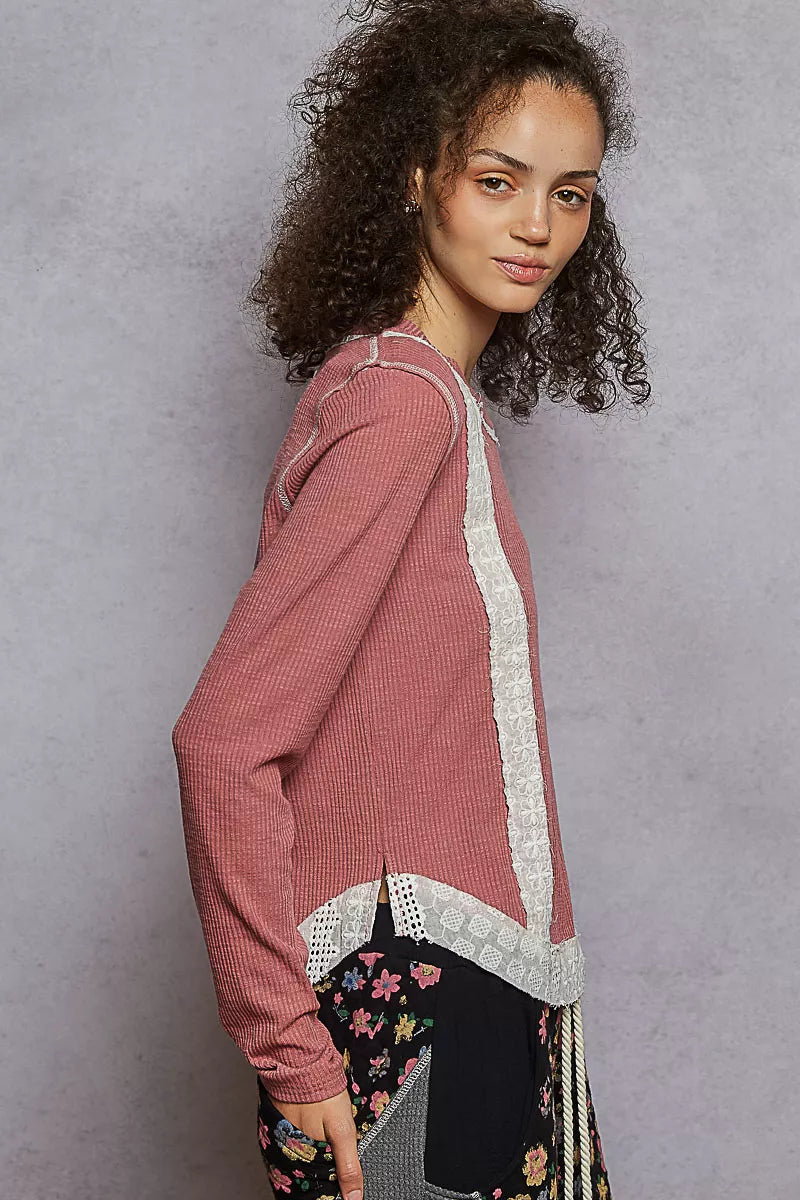 POL Contrast Round Neck Long Sleeve Ribbed Top with Eyelet Patch