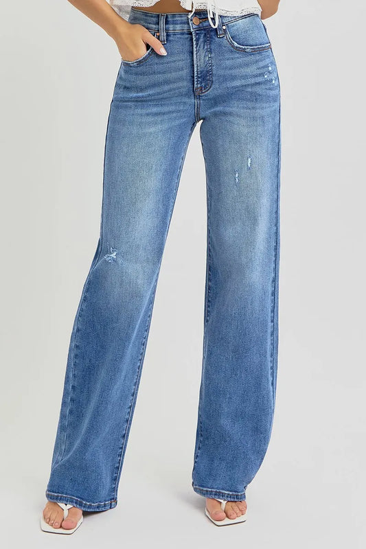 RISEN Full Size Tummy Control Elastic Band High Rise Wide Jeans Plus Size