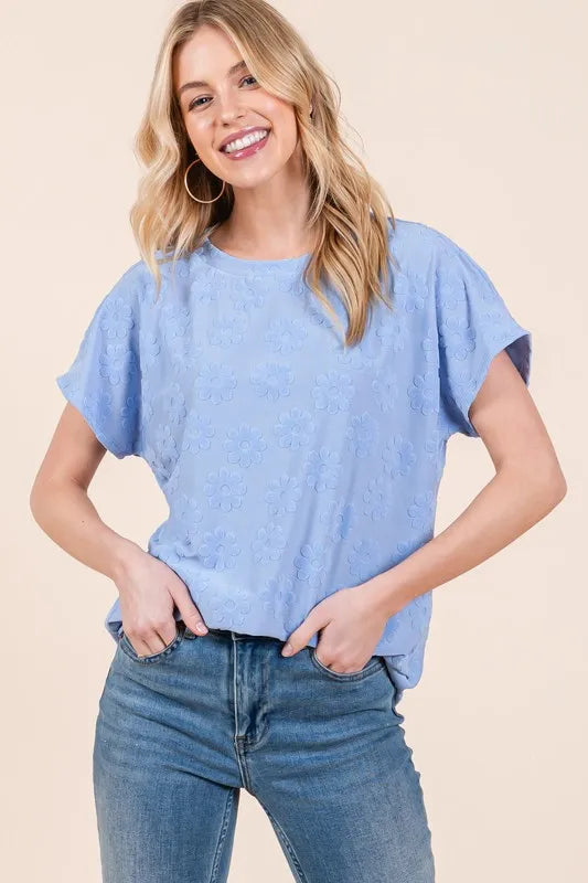 BOMBOM Textured Floral Pattern Short Sleeve T-Shirt