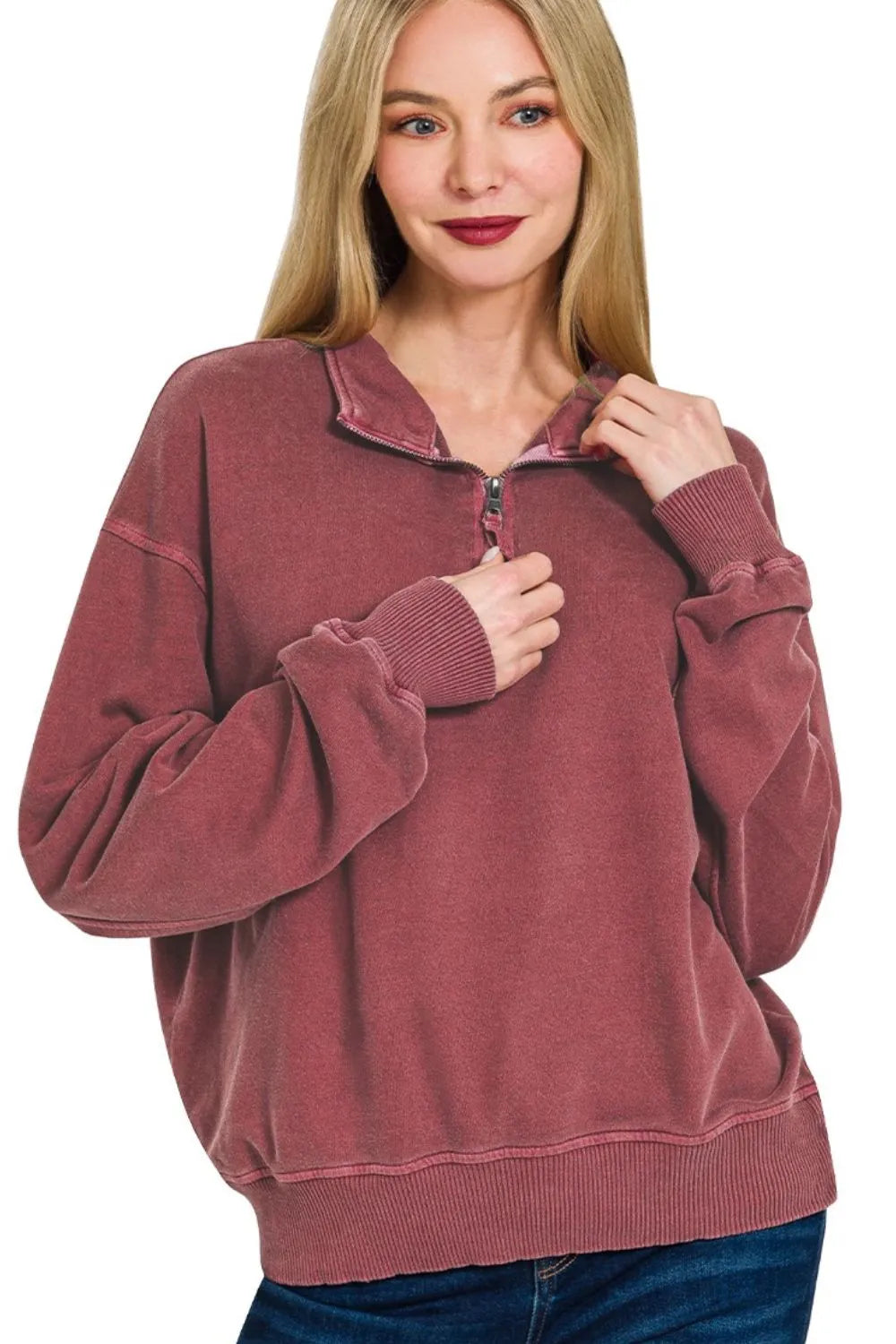Zenana F/terry Pigment Dye & Enzyme Washing Half Zip Top