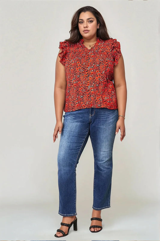 Double Take Floral Flutter Sleeve Notched Neck Blouse