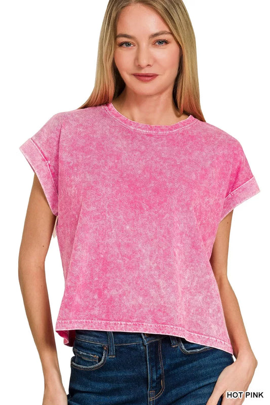 Zenana Halo Washed Cotton Cuffed Short Sleeve Top