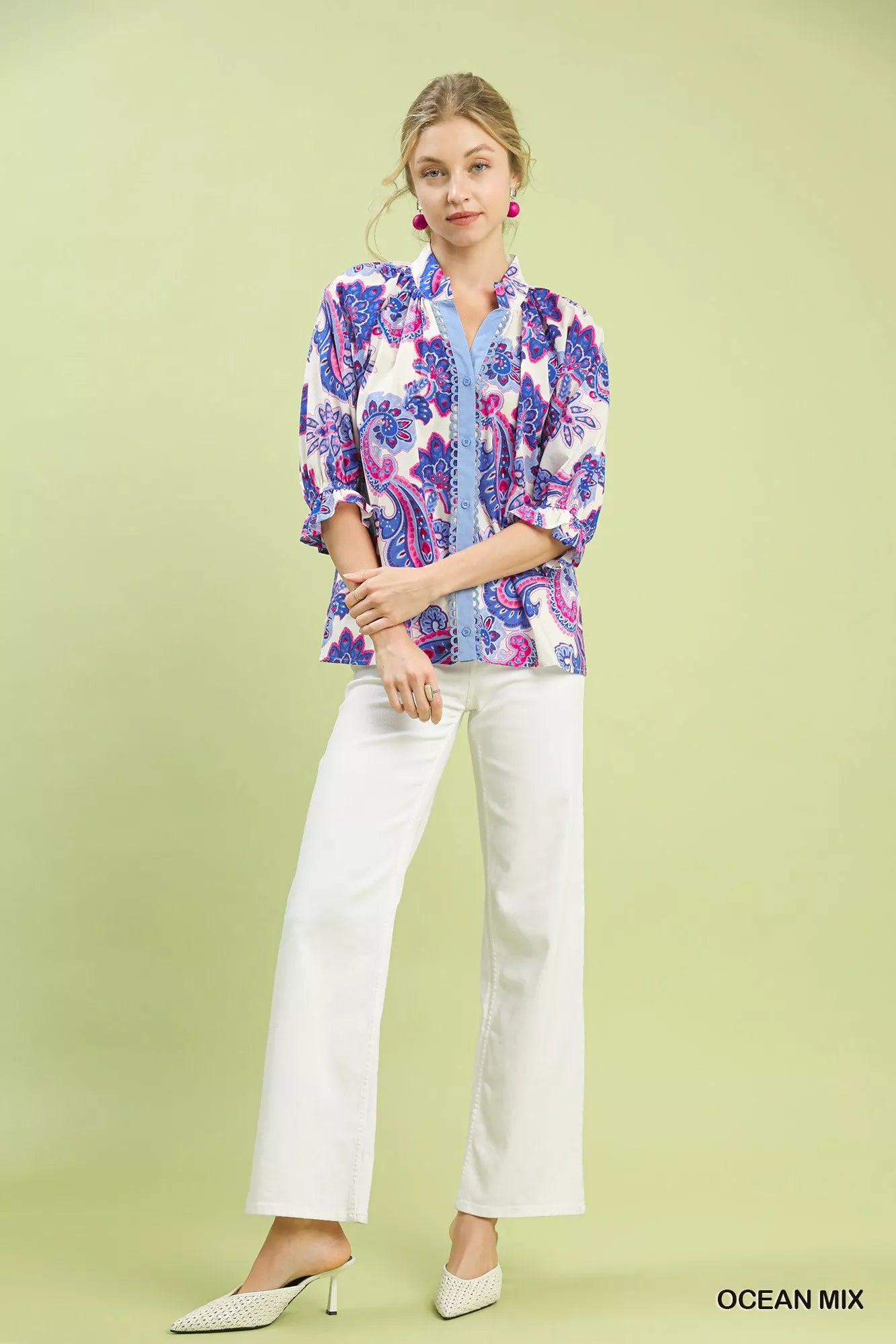 Umgee Paisley Print Button Front Blouse with Scallop Trim Detail