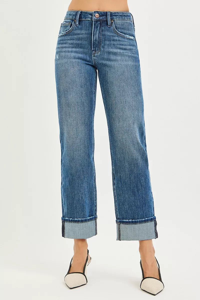 RISEN Full Size 4 Way Stretch Slouchy Straight Jeans with Cuffed Hem Plus Size