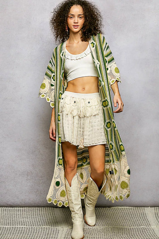 POL Striped and Floral Pattern Crochet Longline Cardigan