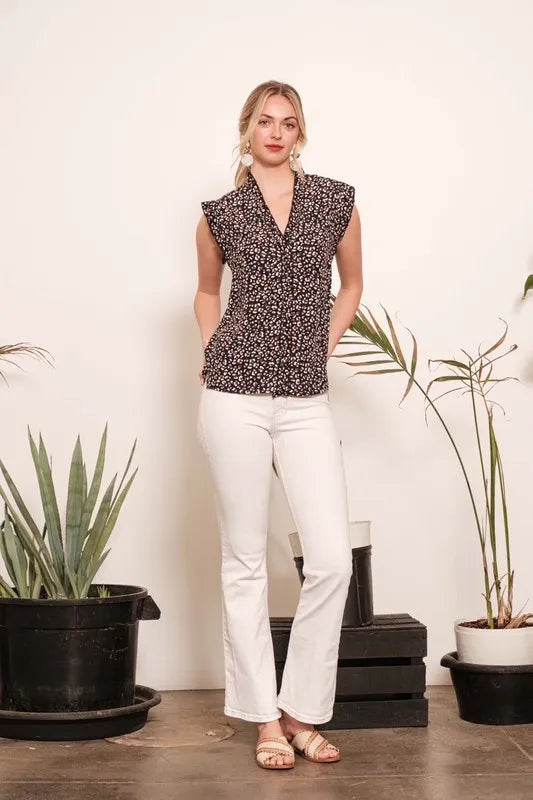 Lime 'N' Chili Multi Dot Print Sleeveless Button Down Blouse