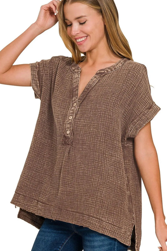 Zenana Washed Double Gauze 3/4 Button Henley Neck Shirt