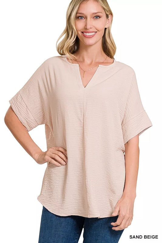 Zenana Woven Airflow Split Neck Short Sleeve Top