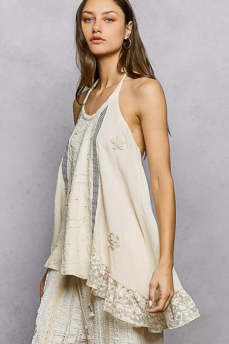 POL Lace Ruffle Halter Neck Double Gauze Top with Crochet Patch