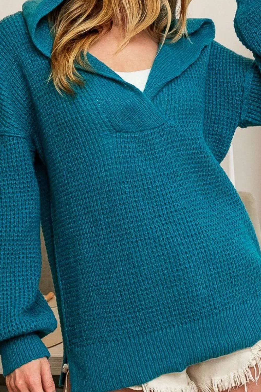 BiBi Raw Edge Detail V-Neck Sweater Hoodie