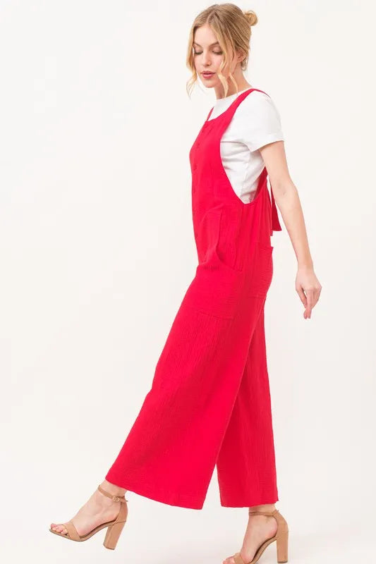 And The Why Gauze Loose Fit Tied Back Overalls